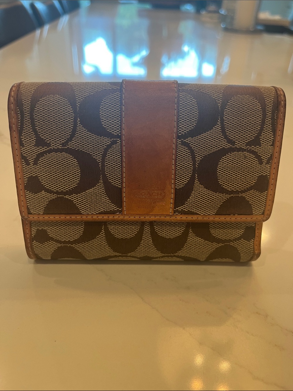 Coach Brown Signature Canvas Trifold Wallet with Leather Trim